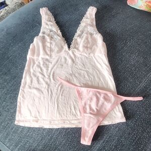 Pink Lace Trim Camisole and Thong Set